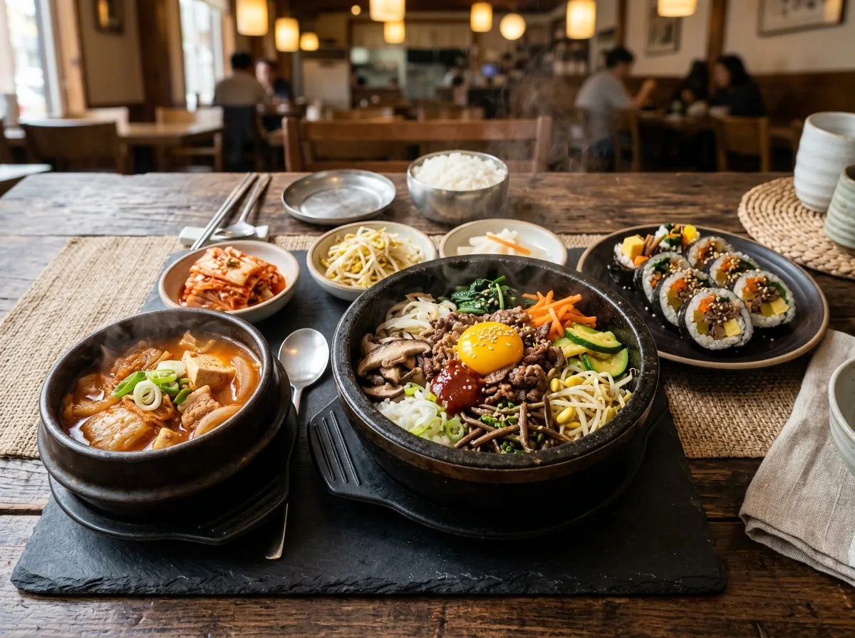 Seleção de pratos tradicionais coreanos Dolsot Bibimbap e Kimchi Jjigae
